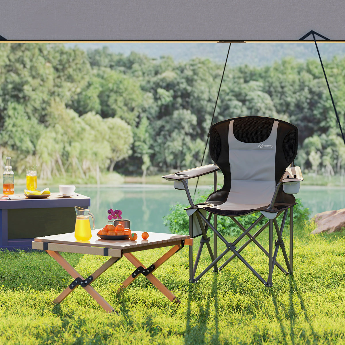 Chaise de camping pliante avec accoudoirs réglables, porte-gobelets, poches latérales et sac de refroidissement, noir