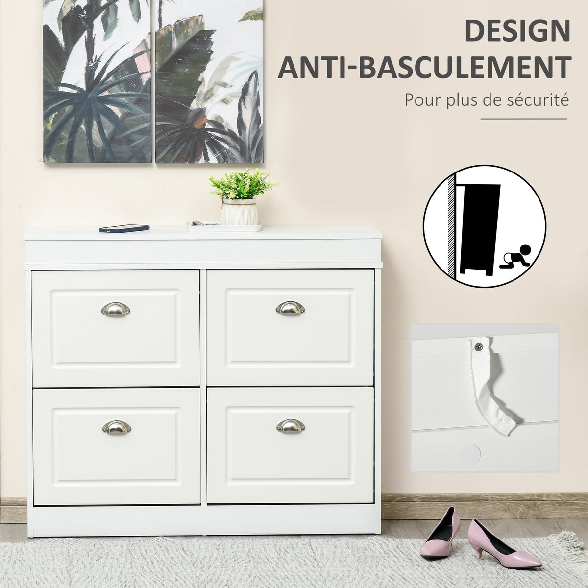 Schuhschrank Schuhkipper Schuhaufbewahrung Maße 98L x 24B x 83H cm 4 Klappfächer doppelreihig MDF Weiß