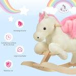 Cheval à Bascule Fonction Musicale Selle Grand Confort Peluche Courte Douce Pour Enfants 18-36 Mois Bois peuplier Blanc et Rose dim. 70L x 28l x 57H cm