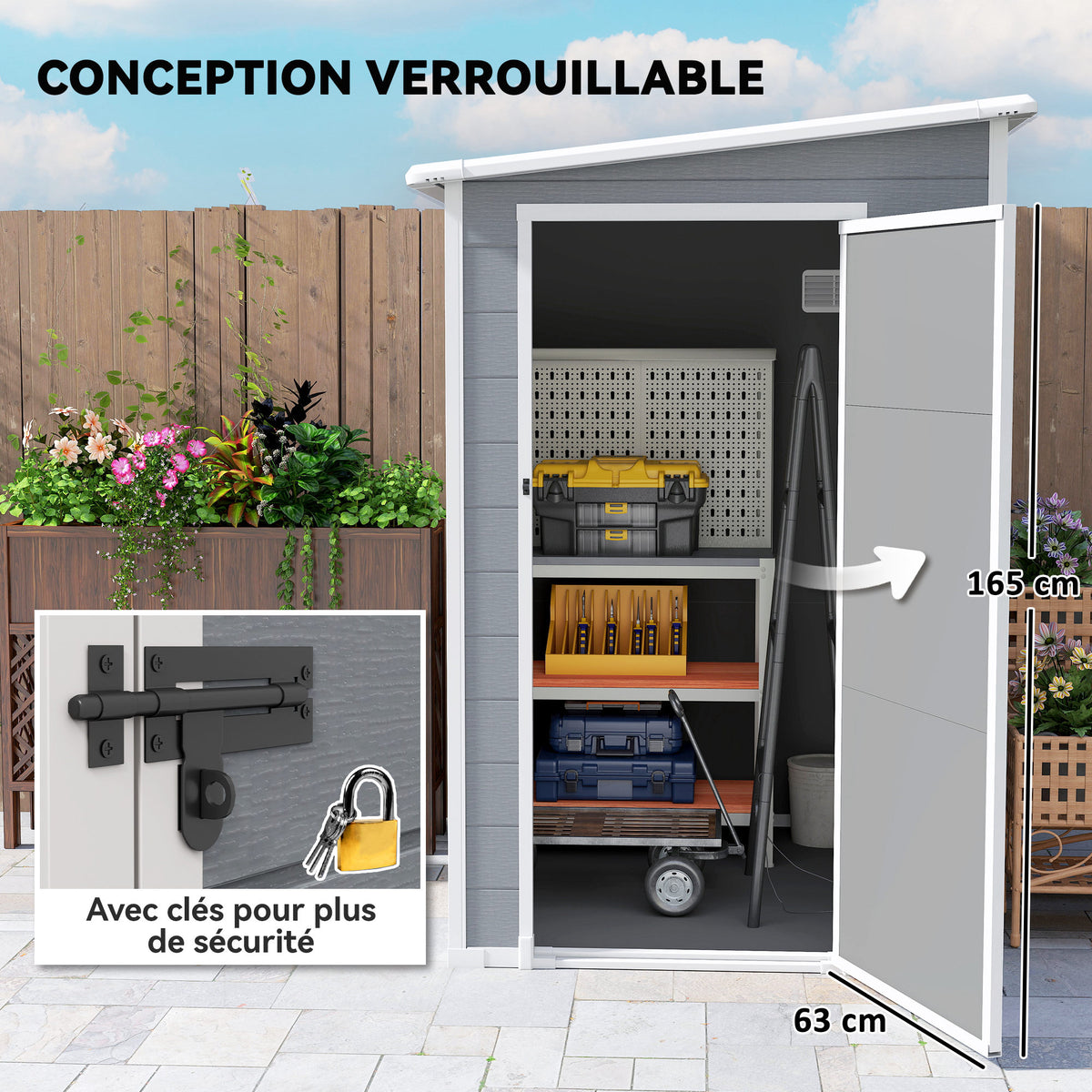 Tuinhuisje 1,54 m² voor gereedschap, afsluitbare deur, ventilatie en raam, afm. 122L x 149B x 192/177H cm, grijs