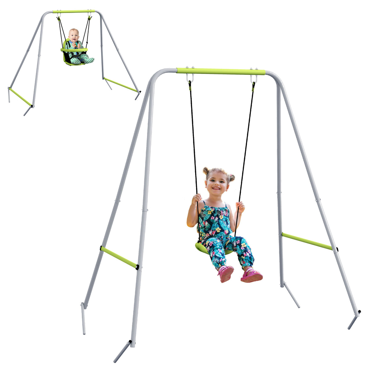 2-in-1 baby swing set with 5-point safety harness for indoor and outdoor use, green