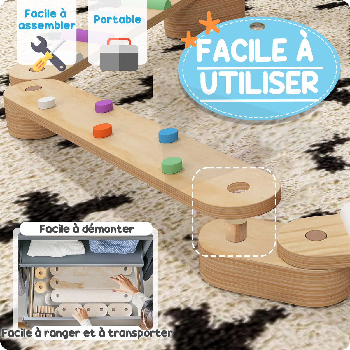 Viga de equilibrio de madera para niños de 3 a 8 años con piedras de obstáculos coloridas, interior y exterior