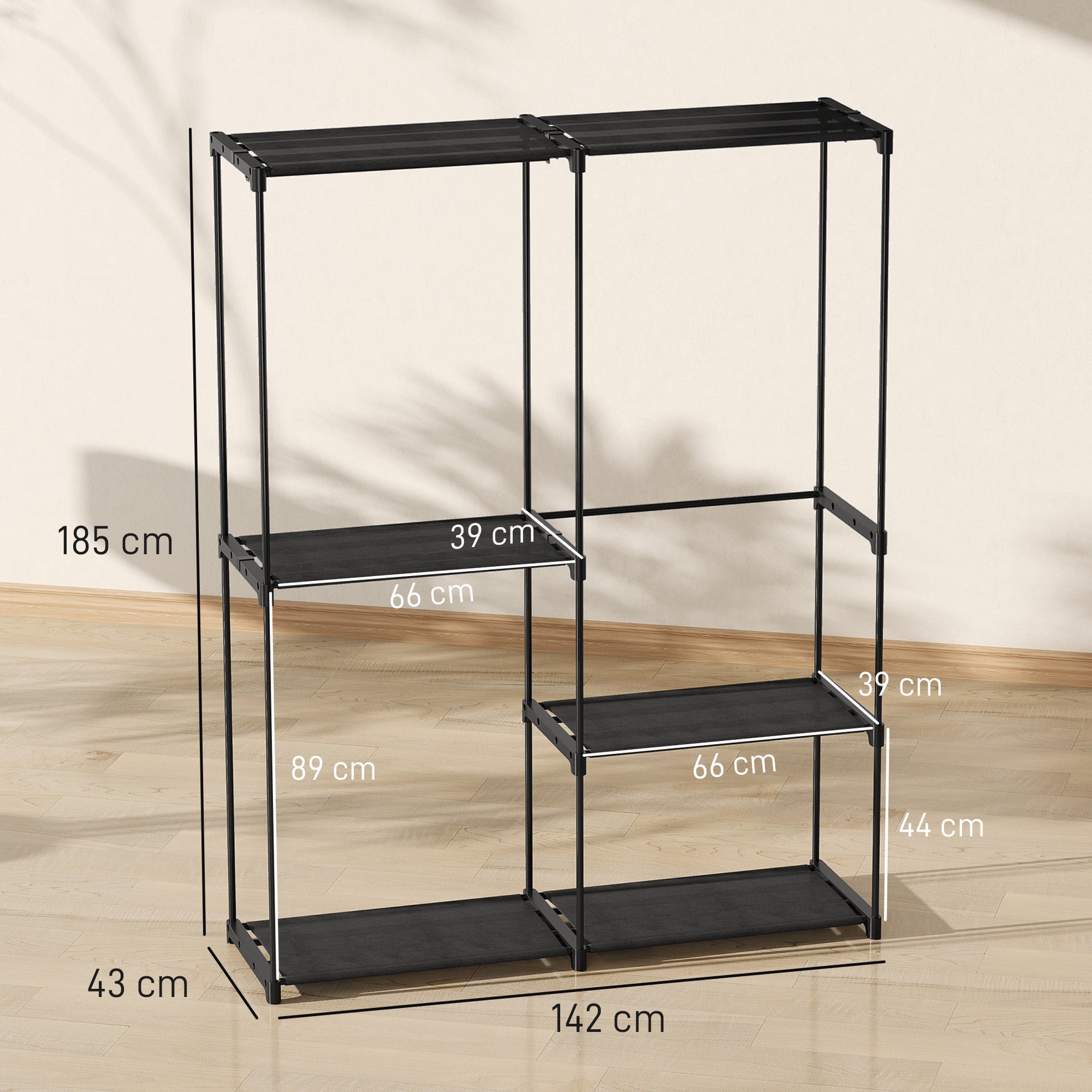 Armoire de rangement, penderie portable avec 3 barres de suspension et 4 étagères, 142 x 43 x 185 cm, noir