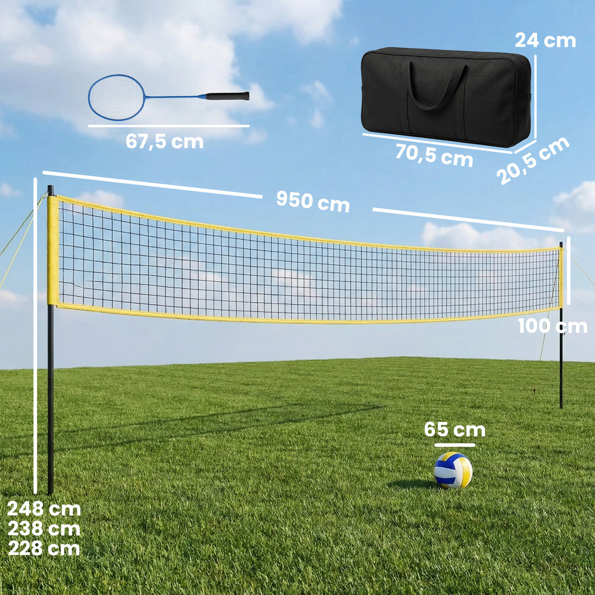 Ensemble de Volley-Ball et Badminton, Poteaux en Acier Hauteur Réglable, Sac de transport, pour Pelouse Plage Jardin