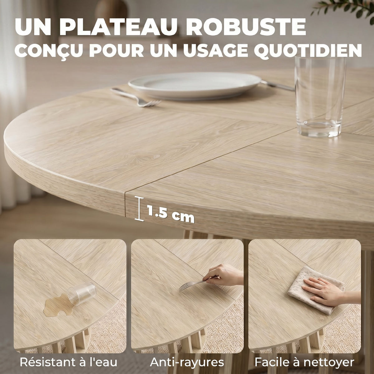 Tavolo da pranzo rotondo per 4-6 persone, Ø 120 x 75 cm, tavolo da cucina con robusta base a listelli, legno naturale