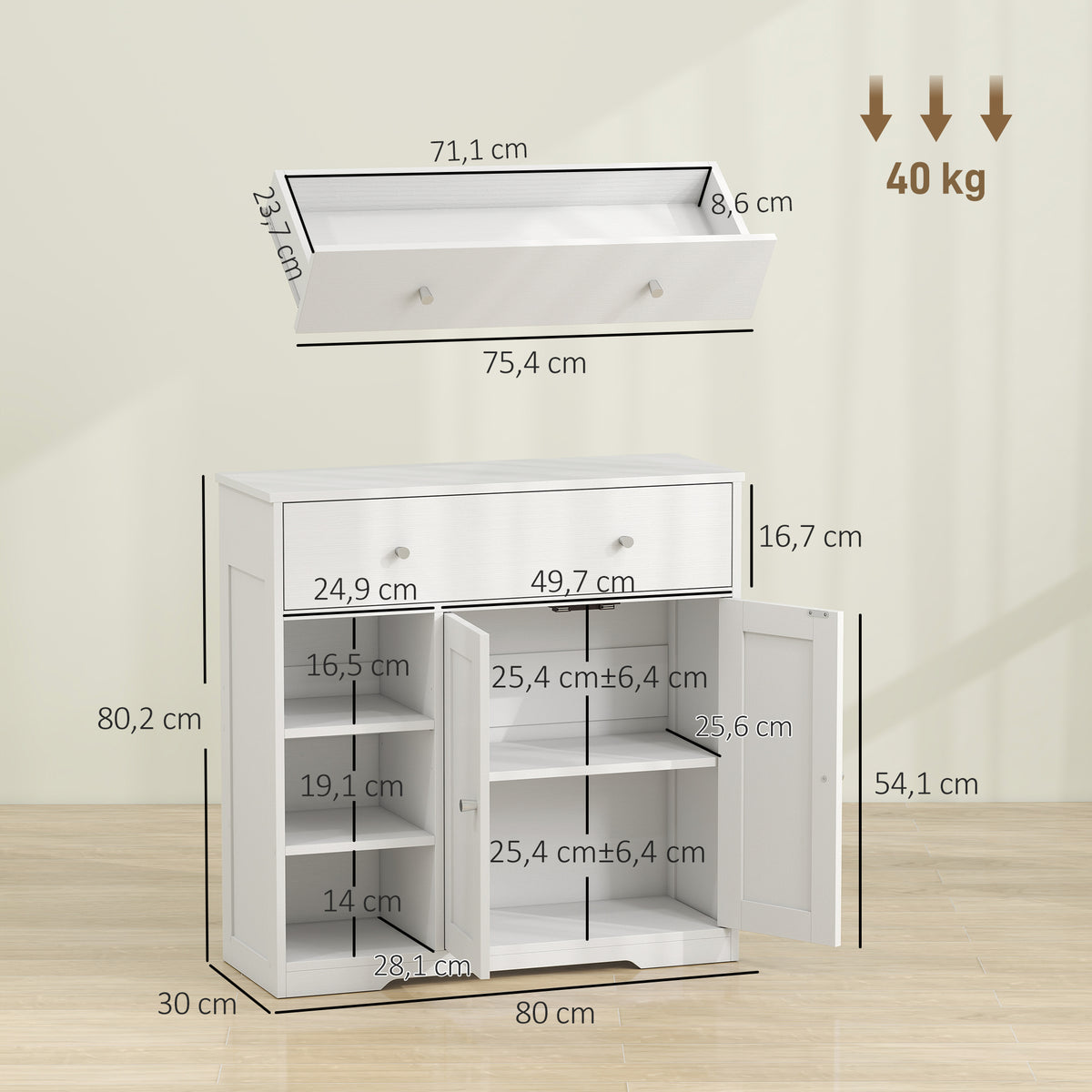 Meuble de Salle de Bain avec 1 Tiroir, 2 Portes, 3 Compartiments Ouverts, Style Scandinave, 80x30x80,2cm, Blanc
