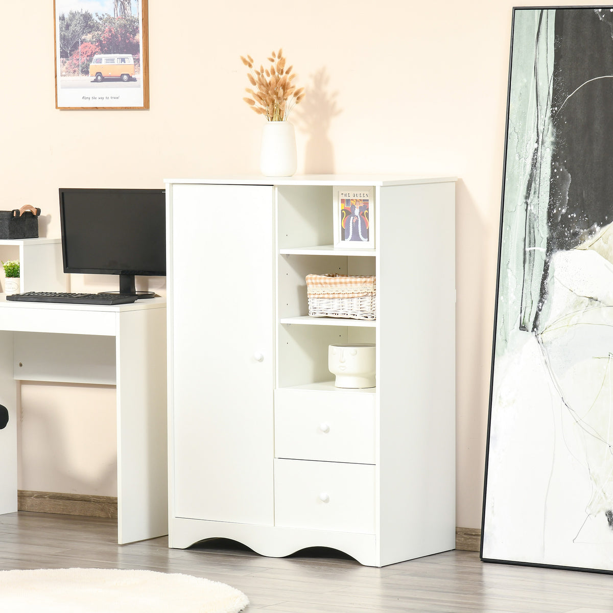 Armoire avec Porte et 5 étagères, 3 niches, 2 tiroirs, meuble de rangement blanc pour chambre, salon, bureau