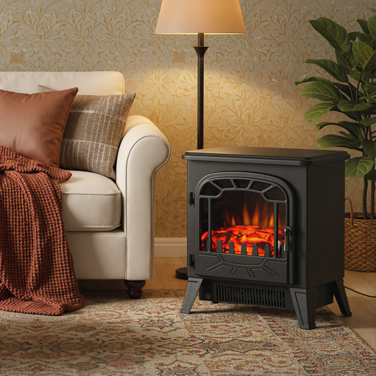 Cheminée électrique radiateur Imitation Flamme avec luminosité et réglable 925 W / 1850 W Porte métal Verre trempé Noir