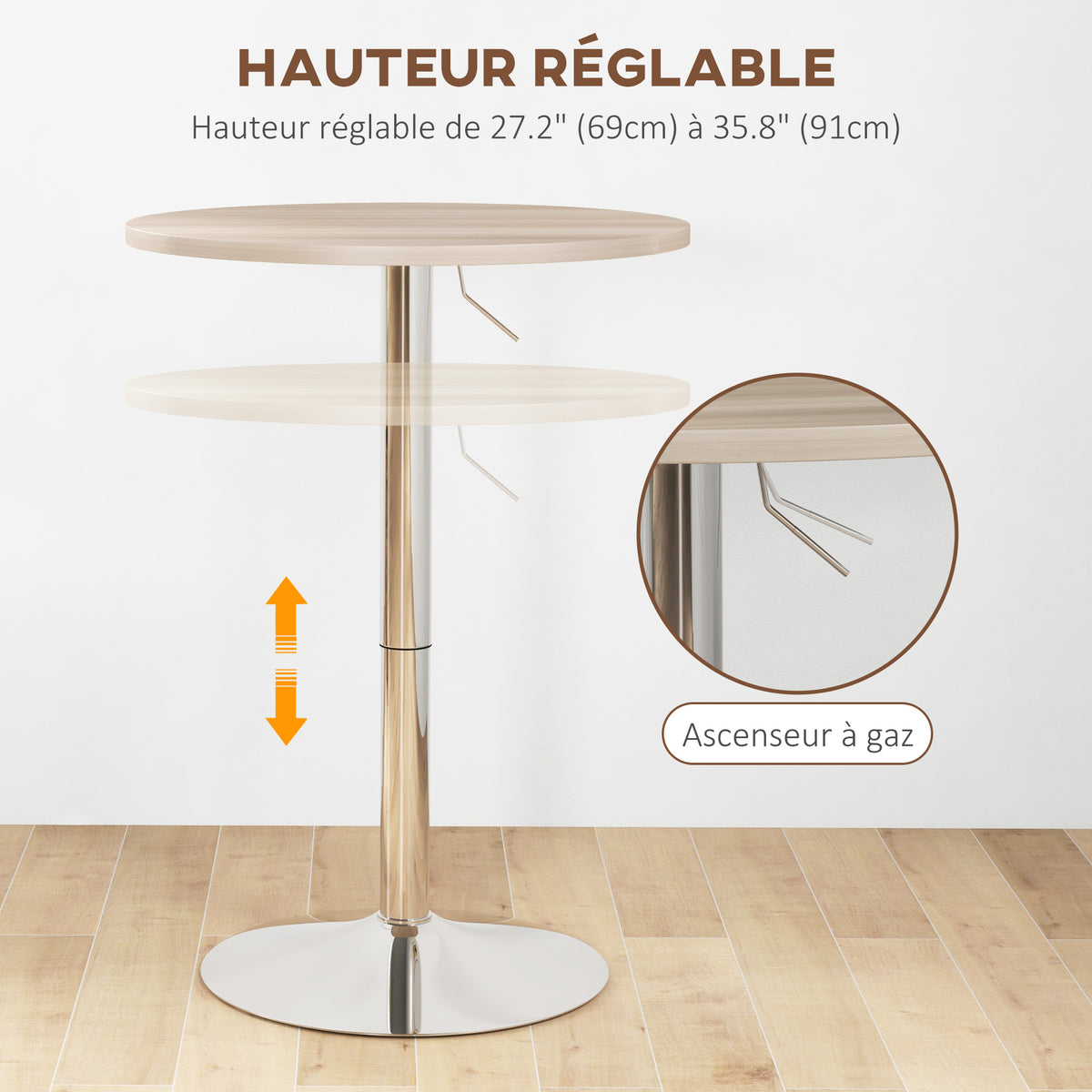 Table de bar ronde table haute cuisine réglable en hauteur 69-91 cm plateau pivotante à 360° naturel et gris