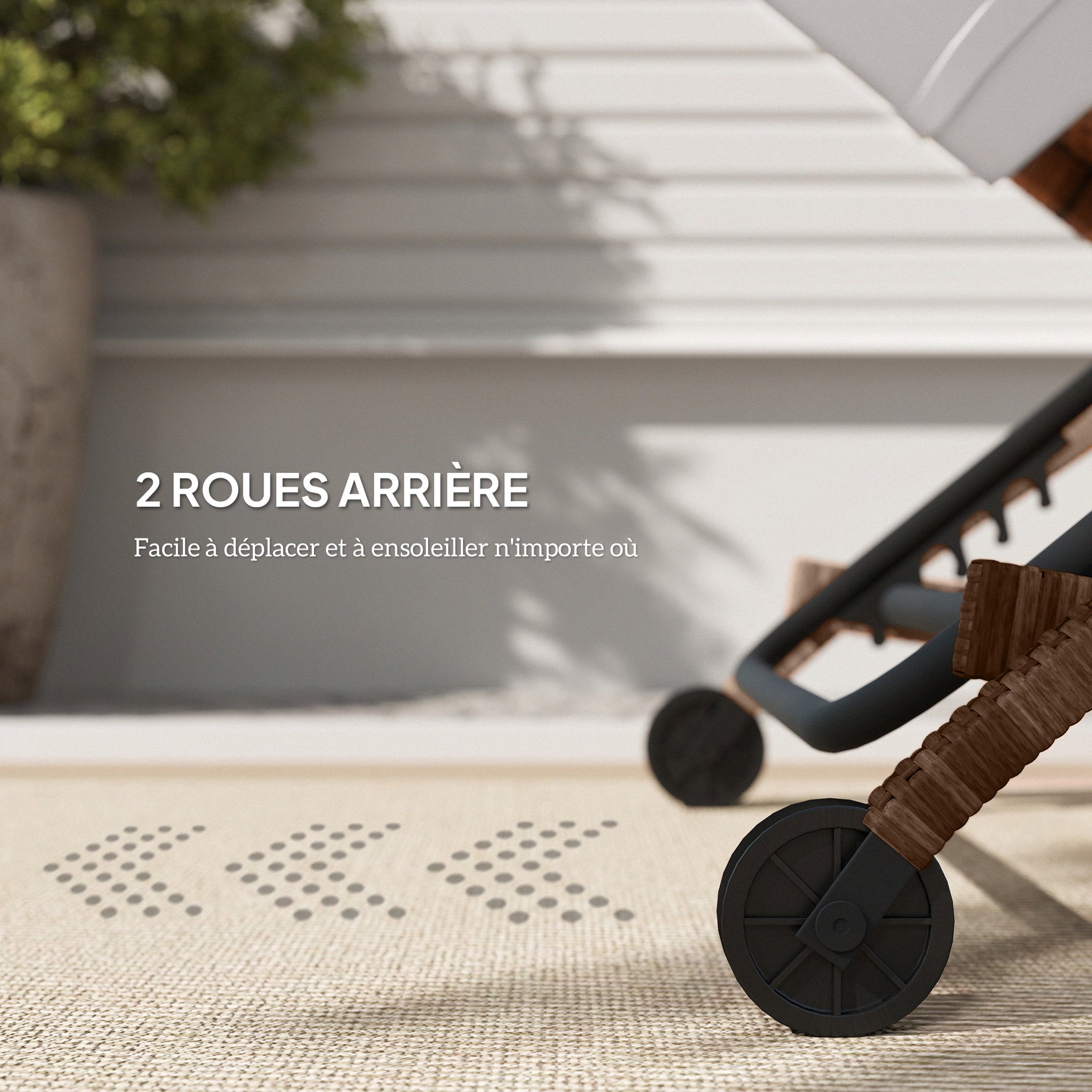 Bain de soleil, chaise longue en résine tressée avec dossier réglable, roulettes, coussin et accoudoirs, marron et beige