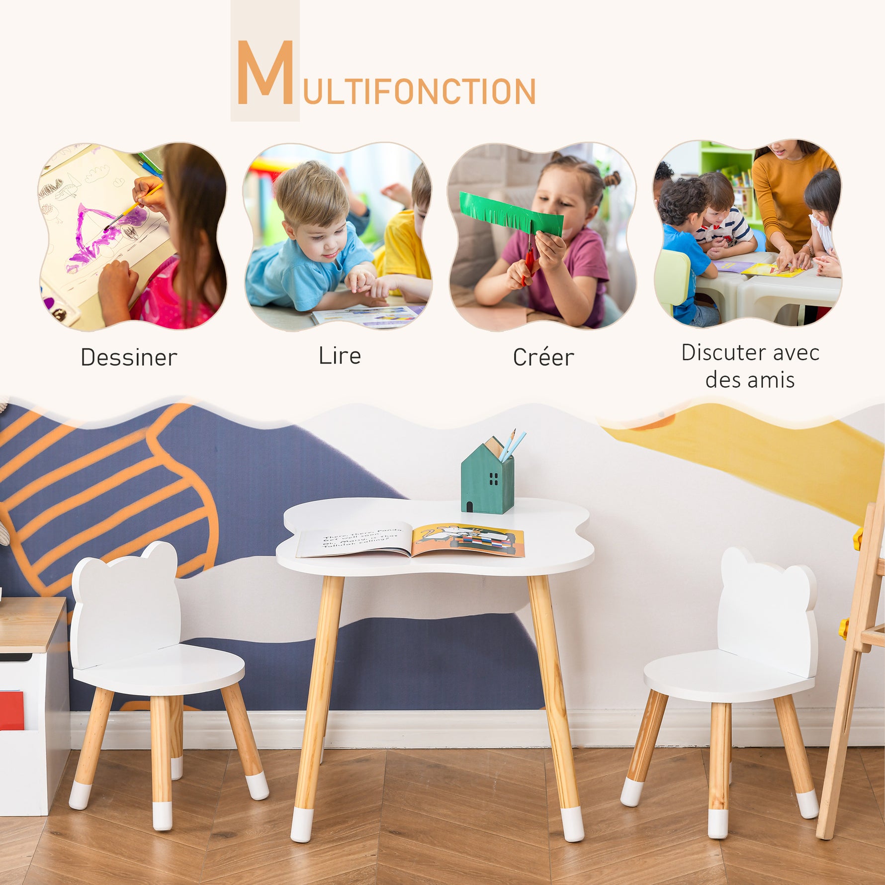 Ensemble table et chaises enfant design scandinave motif ourson bois pin MDF blanc