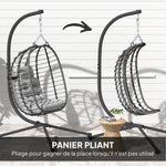Fauteuil suspendu pliable en résine tressée avec support, coussin et oreiller hauteur réglable, gris