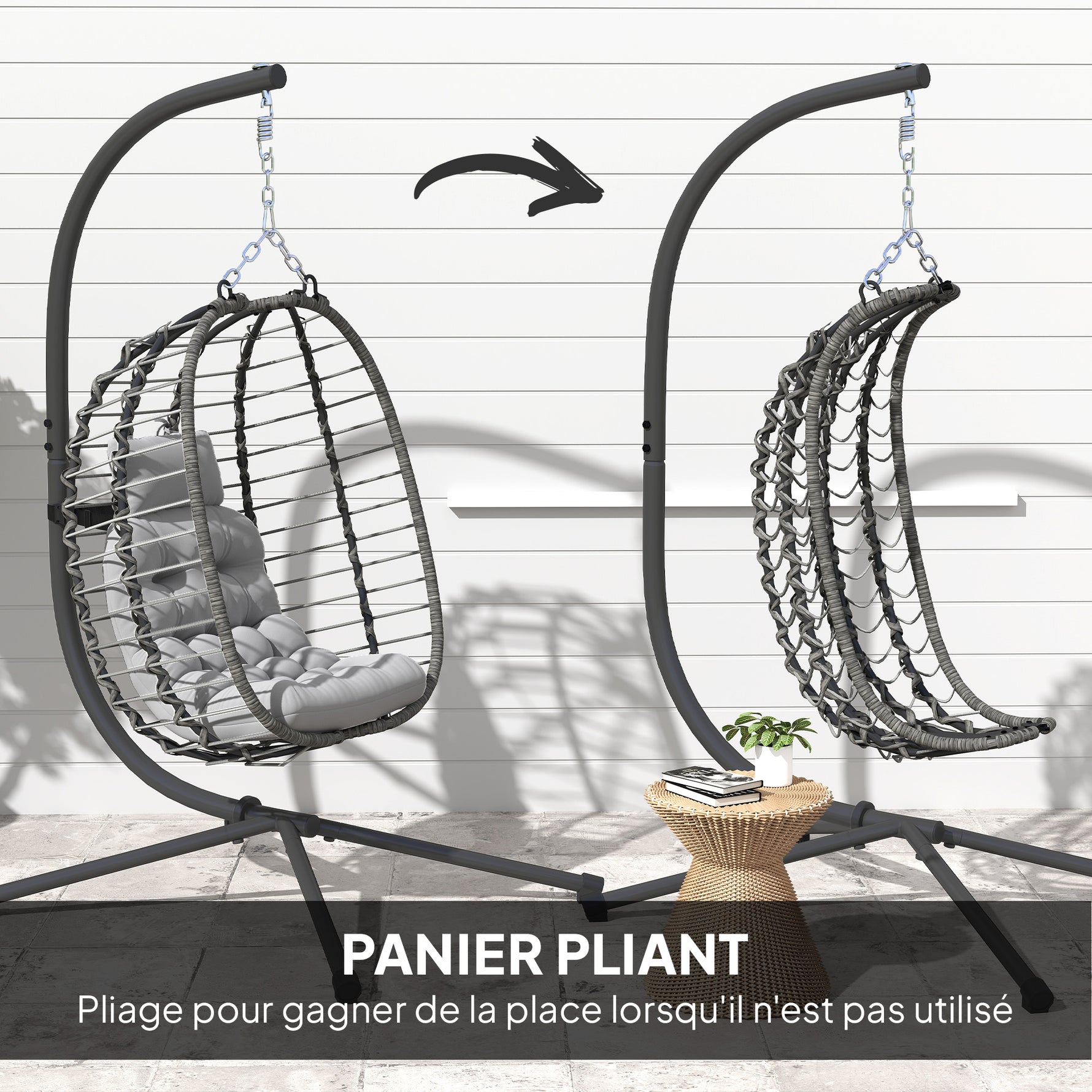 Fauteuil suspendu pliable en résine tressée avec support, coussin et oreiller hauteur réglable, gris