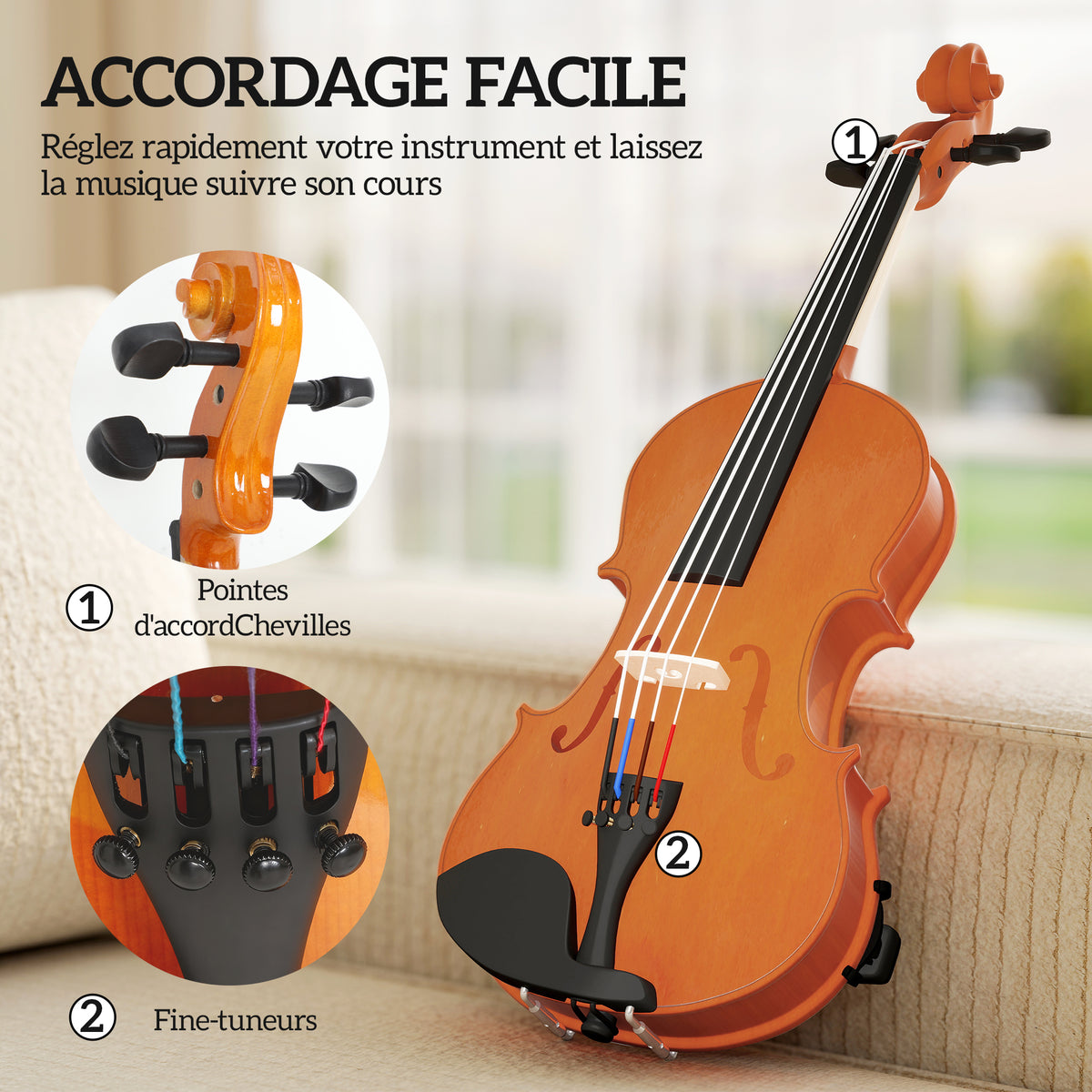 Violon 4/4 ensemble de violon en bois massif pour adultes et débutants avec étui léger et portable 60 x 21 cm marron