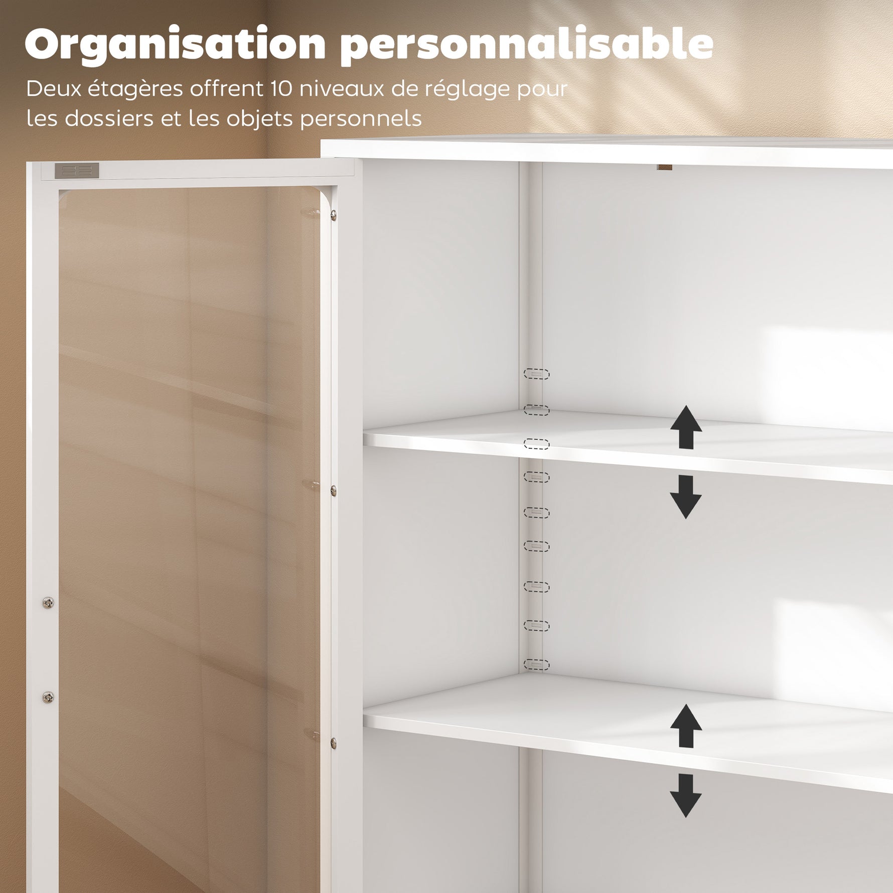 Armoire de bureau avec 2 portes en verre, 2 étagères réglables, meuble de rangement bureau en acier, 80x40x110cm, blanc
