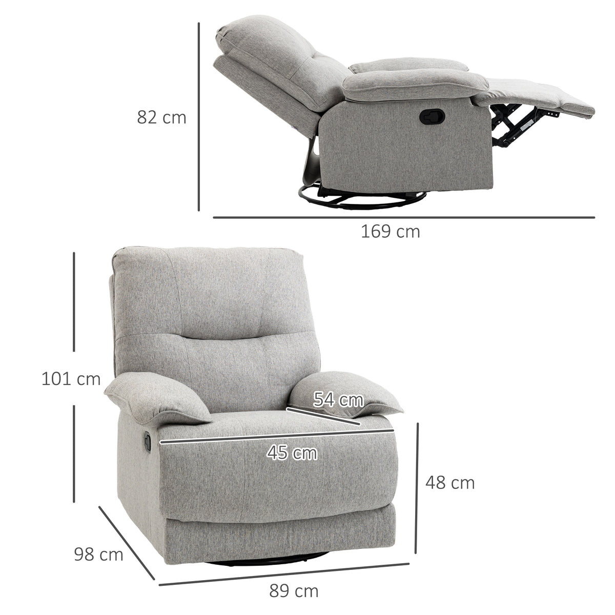 Sillón de relax reclinable manualmente con reposapiés ajustable, tejido efecto lino gris claro