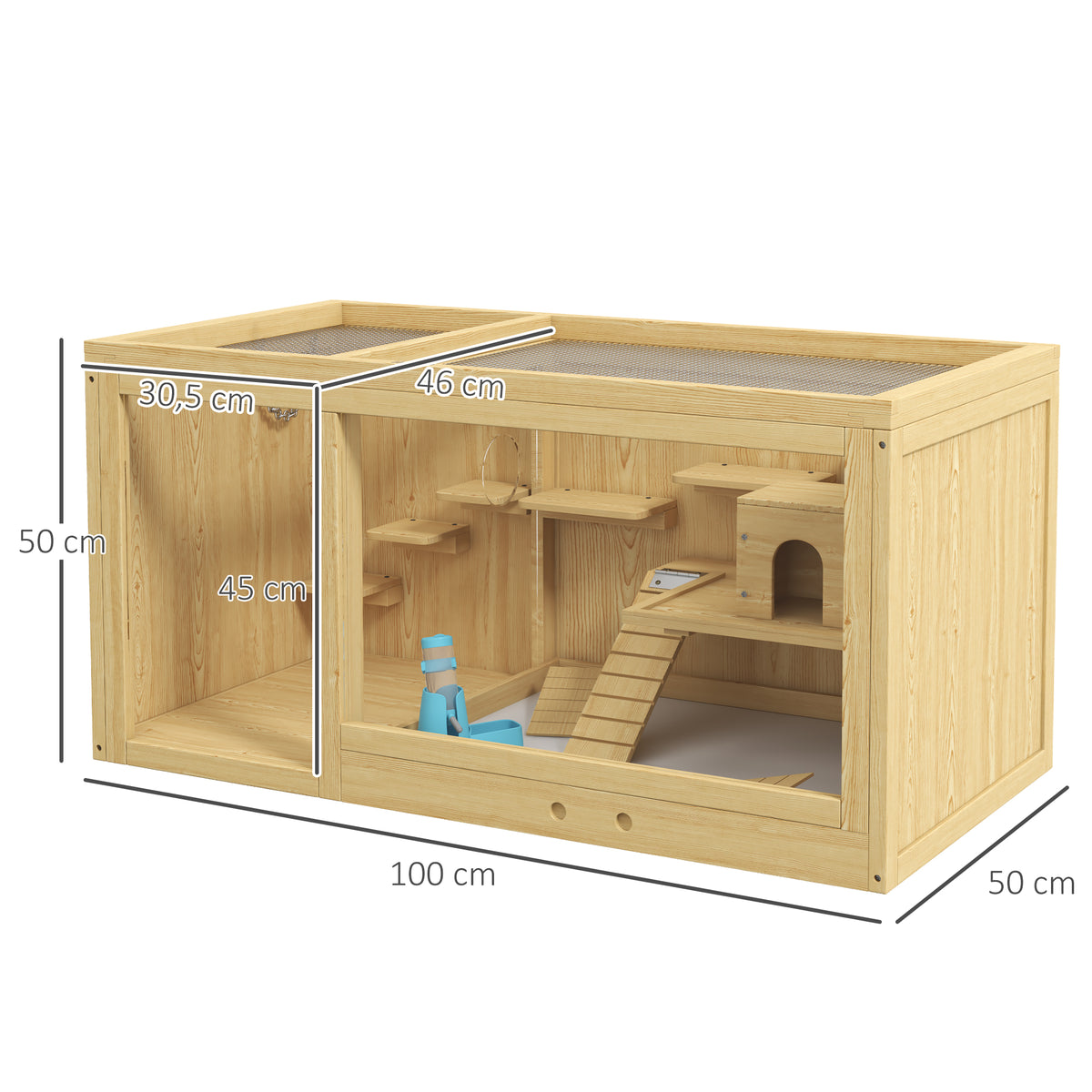 Cage Hamster Habitat pour Rongeurs Souris Plusieurs Niveaux Plateformes Échelle Balançoires 100 x 50 x 50 cm Naturel