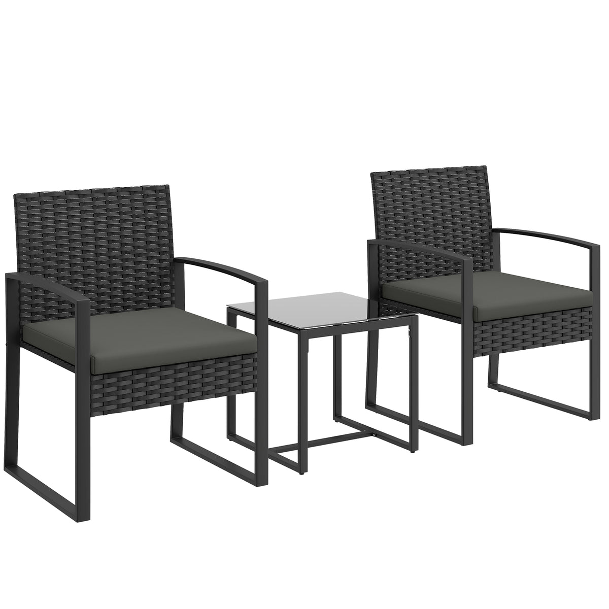 Salon de jardin extérieur en résine tressée 2 personnes, table de jardin avec 2 chaises, plateau en verre trempé, noir