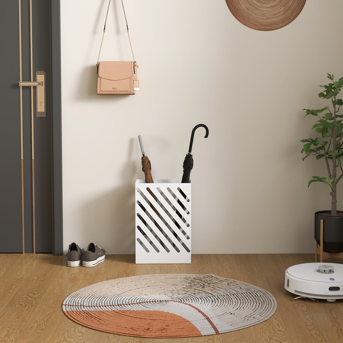 Porte-parapluie en acier rectangulaire, support pour parapluies avec 4 crochets et bac d'égouttement amovible, blanc