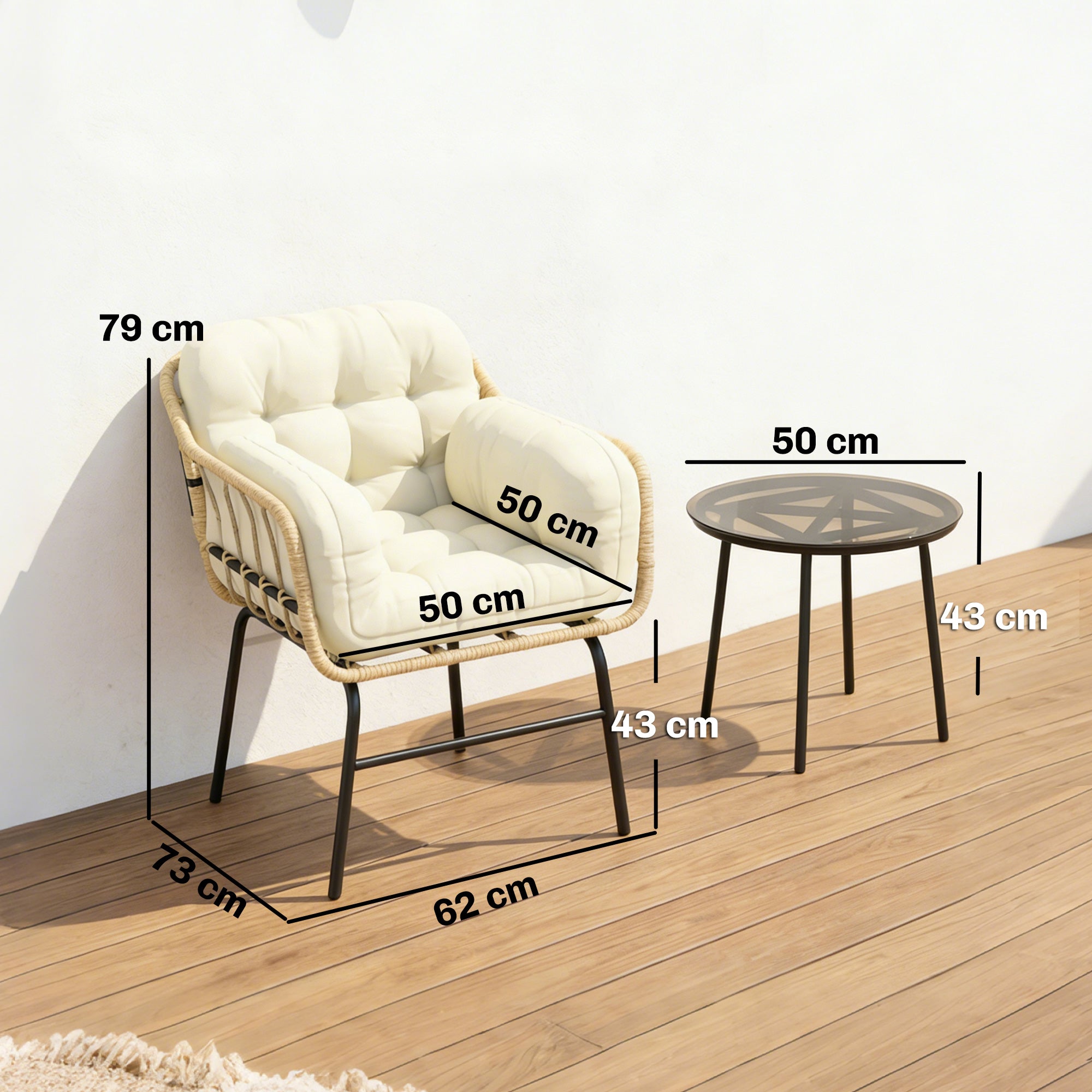 Salon de Jardin Extérieur 3 Pièces en Résine Tressée, Table en Verre Trempé, 2 Fauteuils avec Coussins, 62x73x79cm, Crème