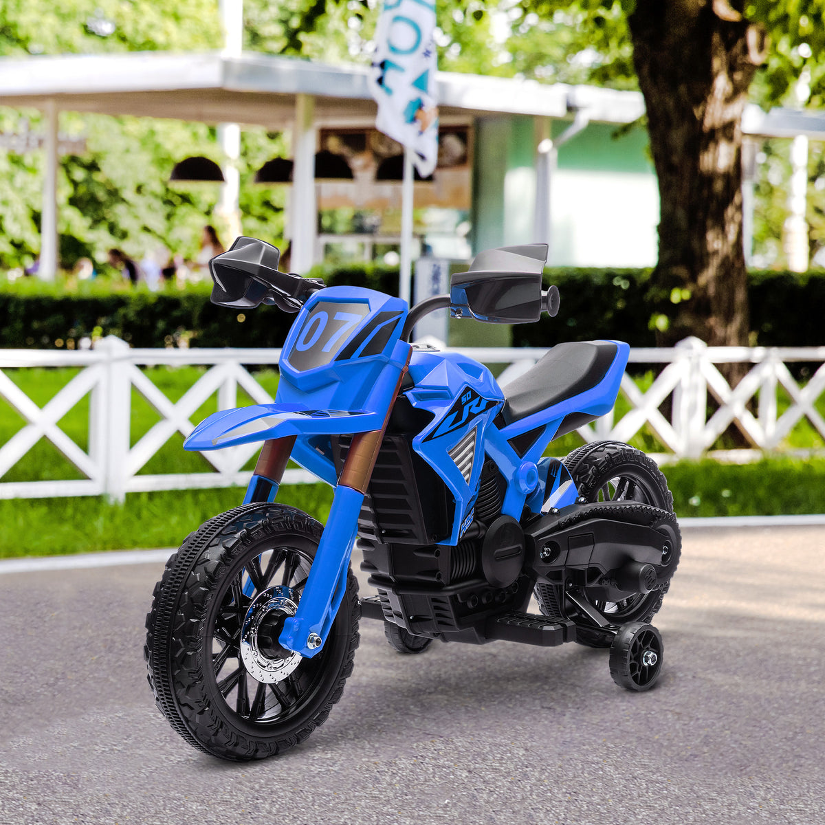 Moto da cross elettrica per bambini 3-8 anni, batteria 6V, 2 motori, clacson e rotelle, carico 30KG, blu