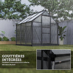 Serre de jardin polycarbonate 3,65m² 190 x 192 x 201 cm résistant aux UV fondation renforcé gouttière Gris