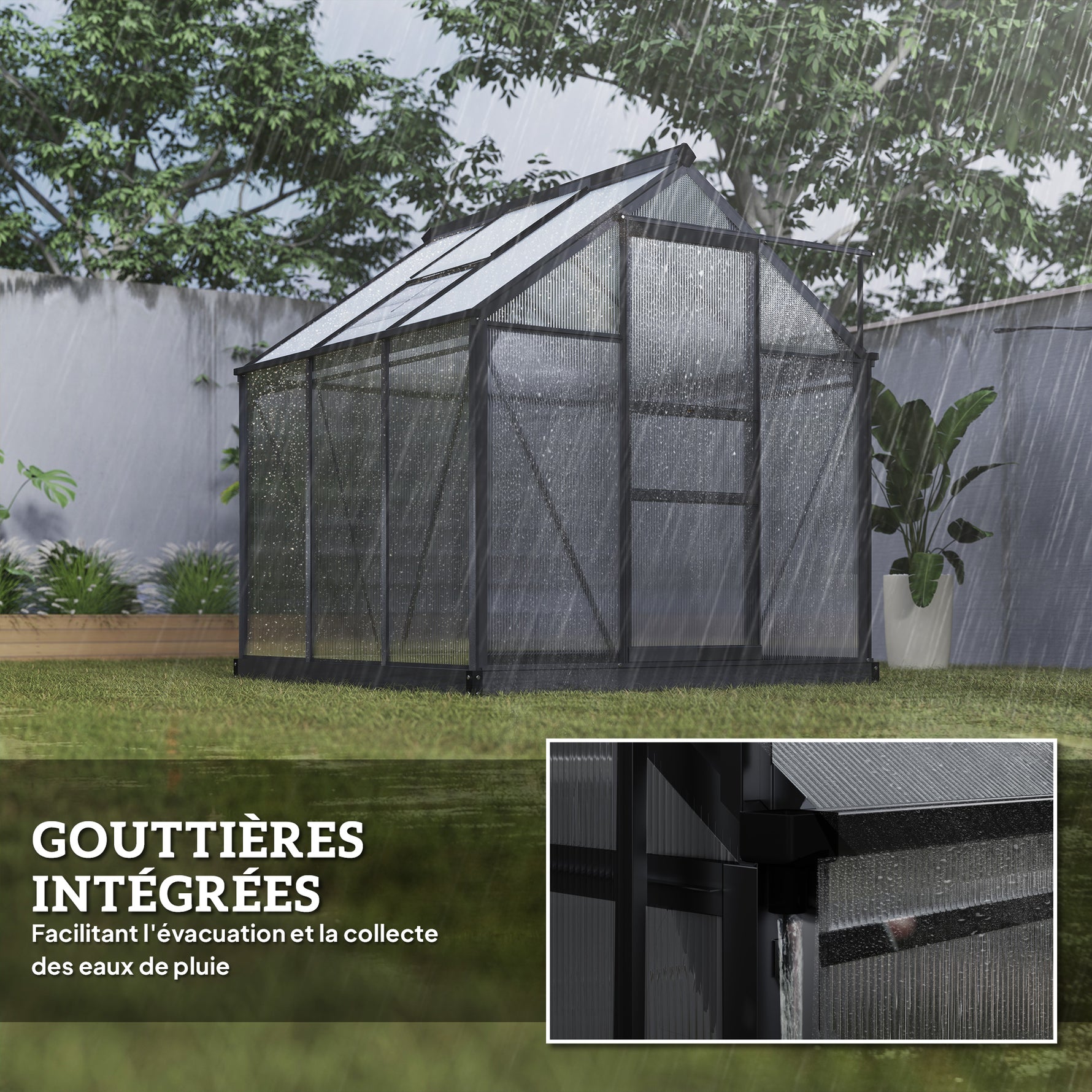 Serre de jardin polycarbonate 3,65m² 190 x 192 x 201 cm résistant aux UV fondation renforcé gouttière Gris