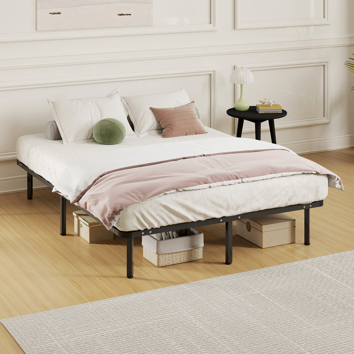 Bedframe 140 x 190 cm, tweepersoonsbed van massief hout met lattenbodem en voeteneinde, opbergruimte eronder, zwart