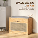 Banc chaussures entrée, banc de rangement en bambou, assise rembourrée, porte en rotin et étagère réglable, bois naturel
