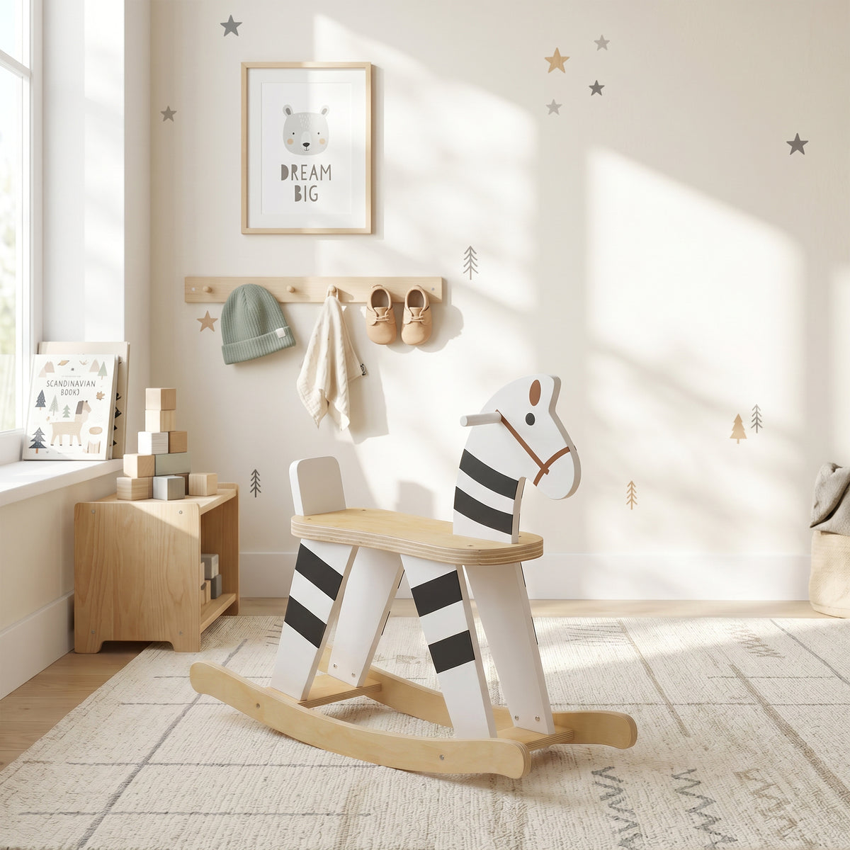 Cheval à Bascule pour Enfant, Jouet à Bascule pour Enfant avec Base en Bois et Dossier, 18 Mois à 3 Ans, Noir et Blanc