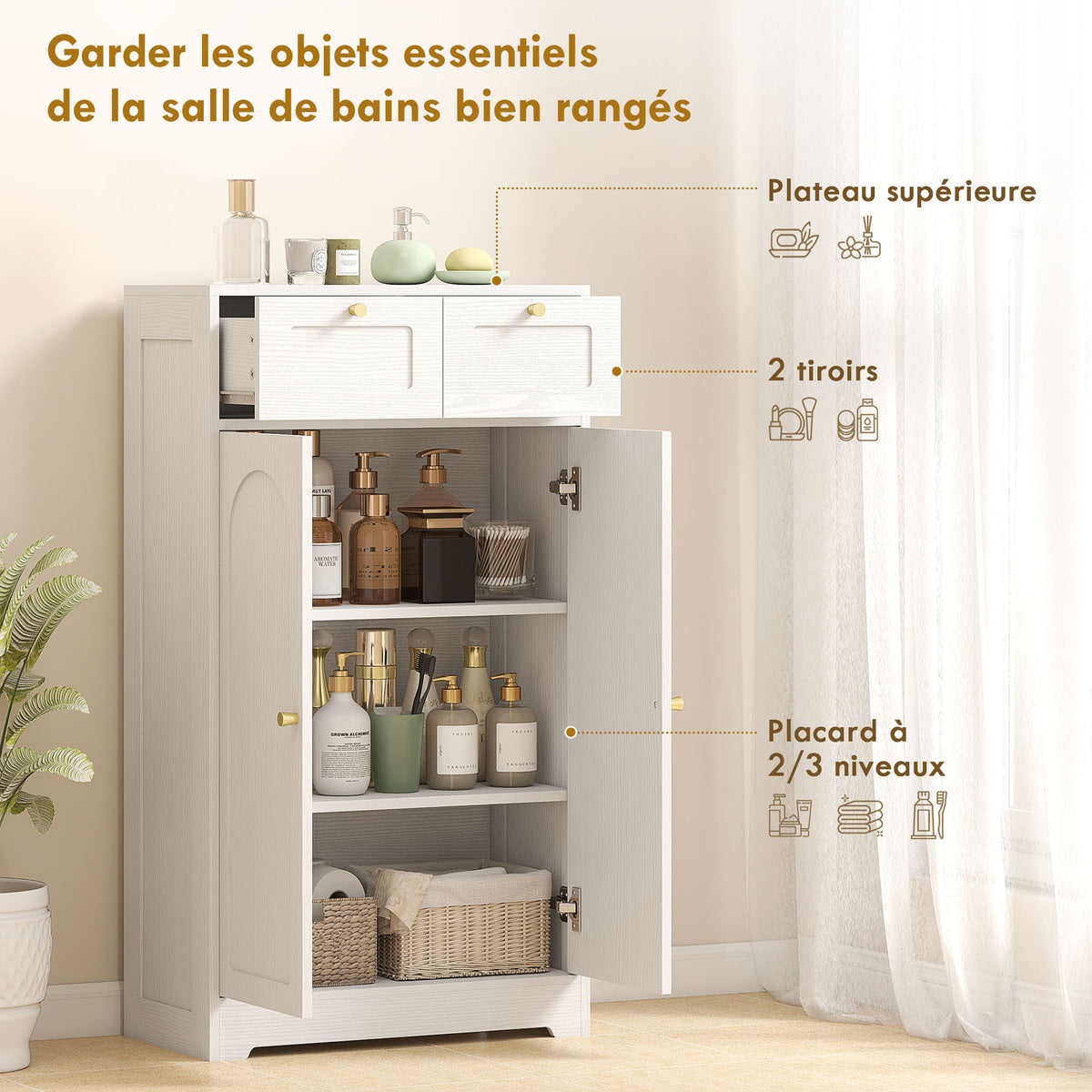 Meuble de salle de bain meuble de rangement avec 2 tiroirs double porte arquée étagères réglables 60x30x108cm blanc