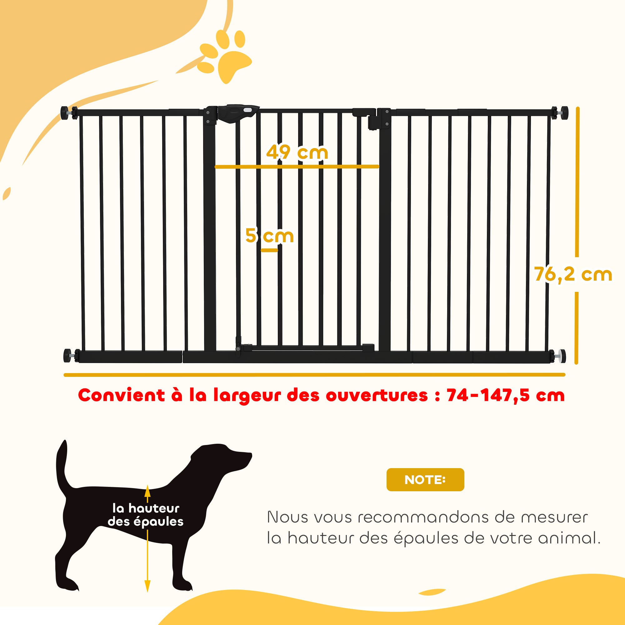 Cancelletto di sicurezza per animali, chiusura automatica, sistema a doppia chiusura, senza fori, 3 estensioni, nero