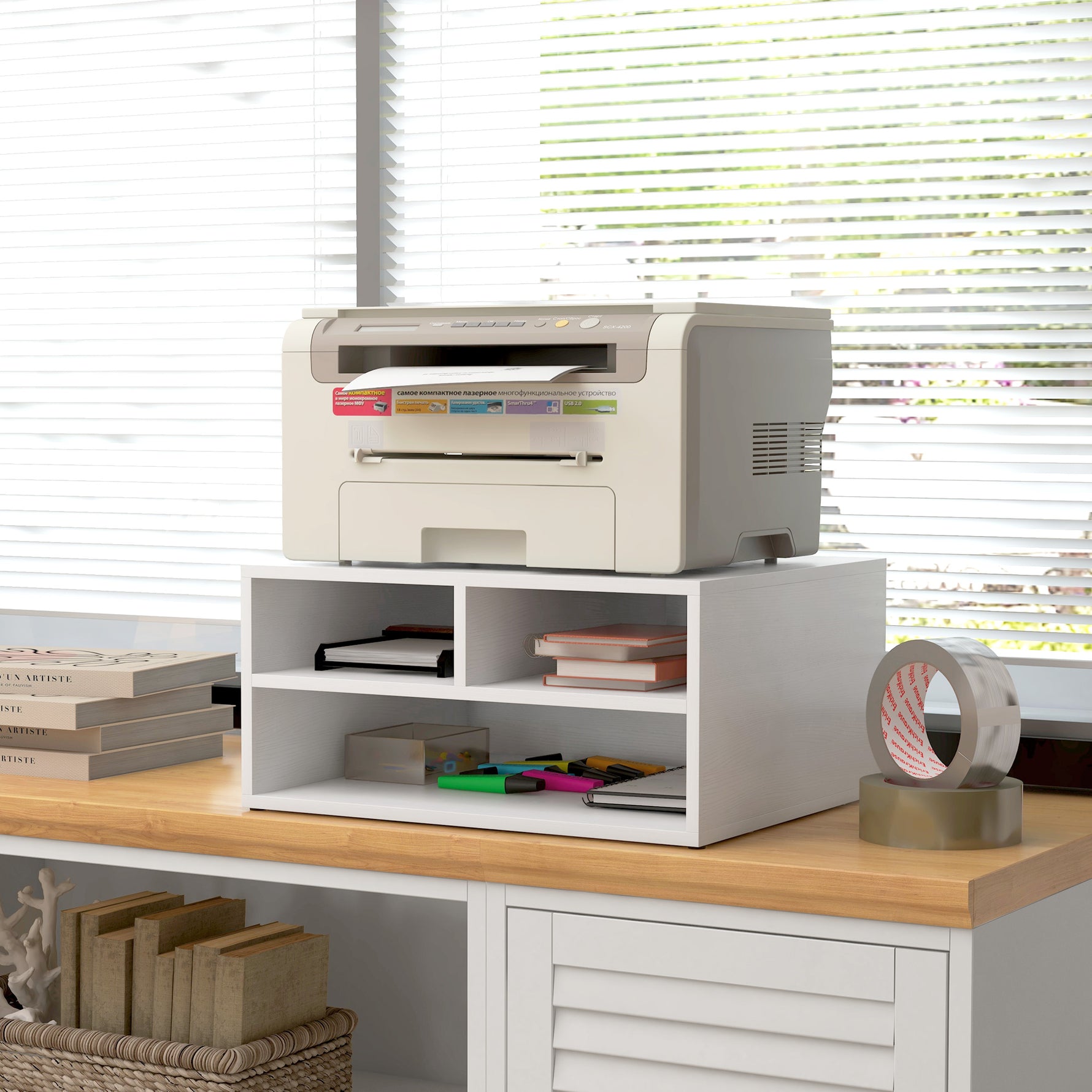 Organiseur bureau aspect blanc avec 3 compartiments fournitures support d'imprimante 47 x 40 x 22,5 cm