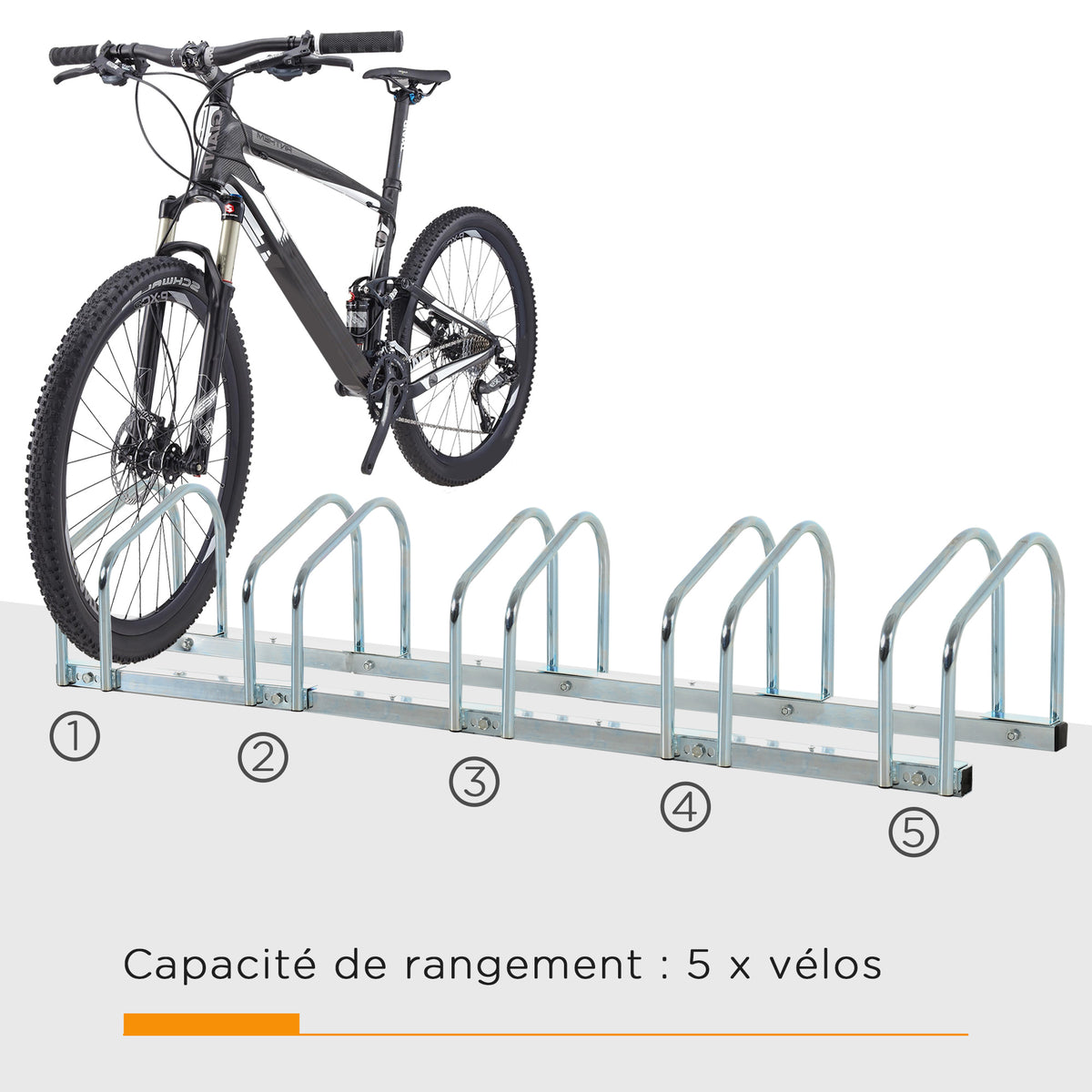 Portabicicletas para 5 bicicletas, soporte de almacenamiento para neumáticos de 65 mm, de suelo o pared, para bicicletas de montaña, bicicletas infantiles y BMX, 145 x 33 x 27 cm, acero plateado