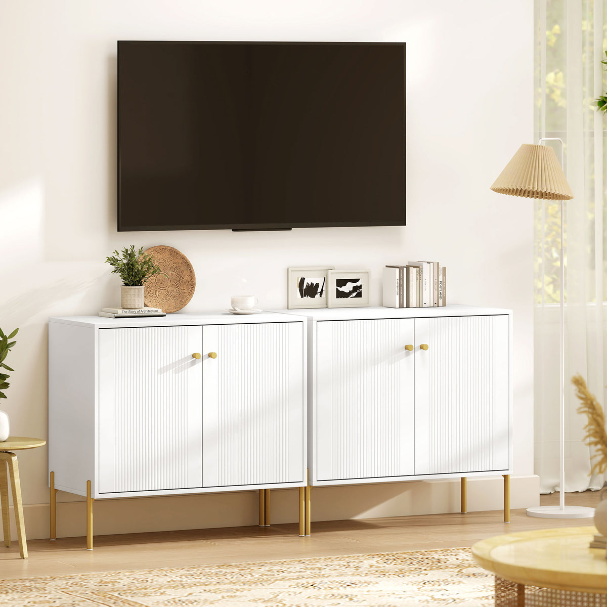 Buffet salon, meuble de rangement avec double porte cannelée, étagère réglable, pieds en acier, 80 x 39,1 x 76 cm, blanc
