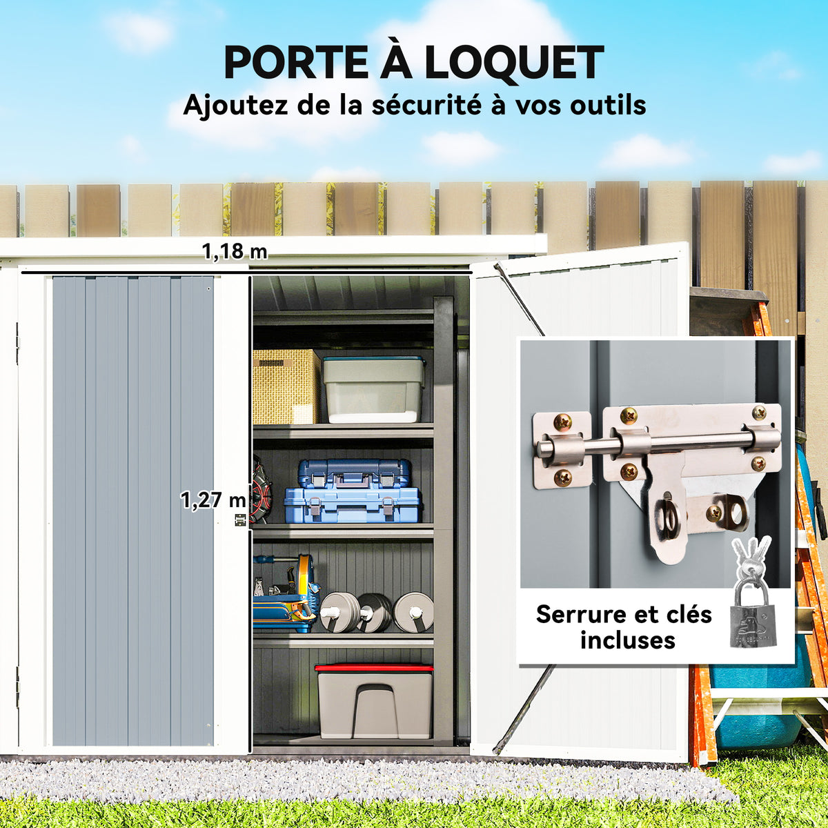 Abri de Jardin cabane de jardin 1,09 m² 2 Portes verrouillables 147 x 86 x 134 cm tôle d'acier Gris clair Blanc