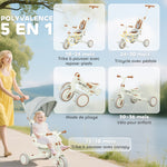 Tricycle bébé évolutif 5 en 1, tricycle enfant pliable avec poignée réglable, capote amovible, pour 1-3 ans, crème