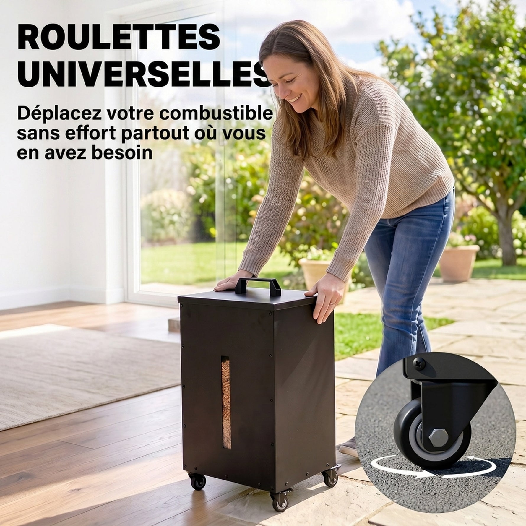 Réservoir à Pellets Granulés en Acier 30 kg, Roulettes, Fenêtre de Niveau, Tamis avec Poignée, 36,5x36,5x61,5cm, Noir