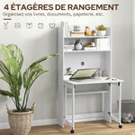 Bureau informatique avec étagères de rangement plateau rabattable 2 roulettes pour chambre salon 80 x 69 x 155 cm blanc