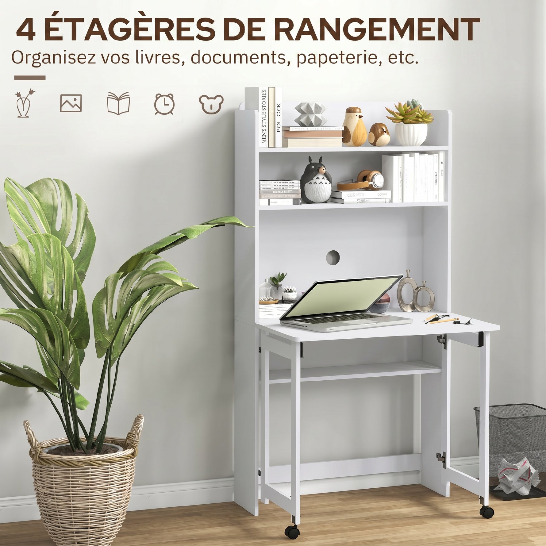 Bureau informatique avec étagères de rangement plateau rabattable 2 roulettes pour chambre salon 80 x 69 x 155 cm blanc