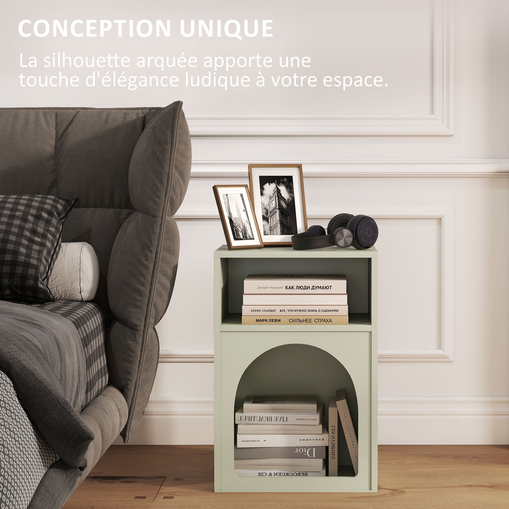 Lot de 2 tables de chevet, table de nuit avec compartiments ouverts, design arqué, 40 x 30 x 60 cm, vert clair