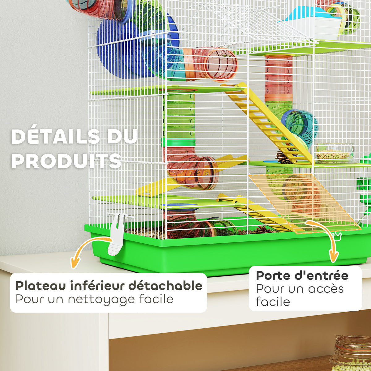 Cage pour hamster souris petit animaux rongeur avec tunnel mangeoire roue jouet 47 x 30 x 59 cm vert