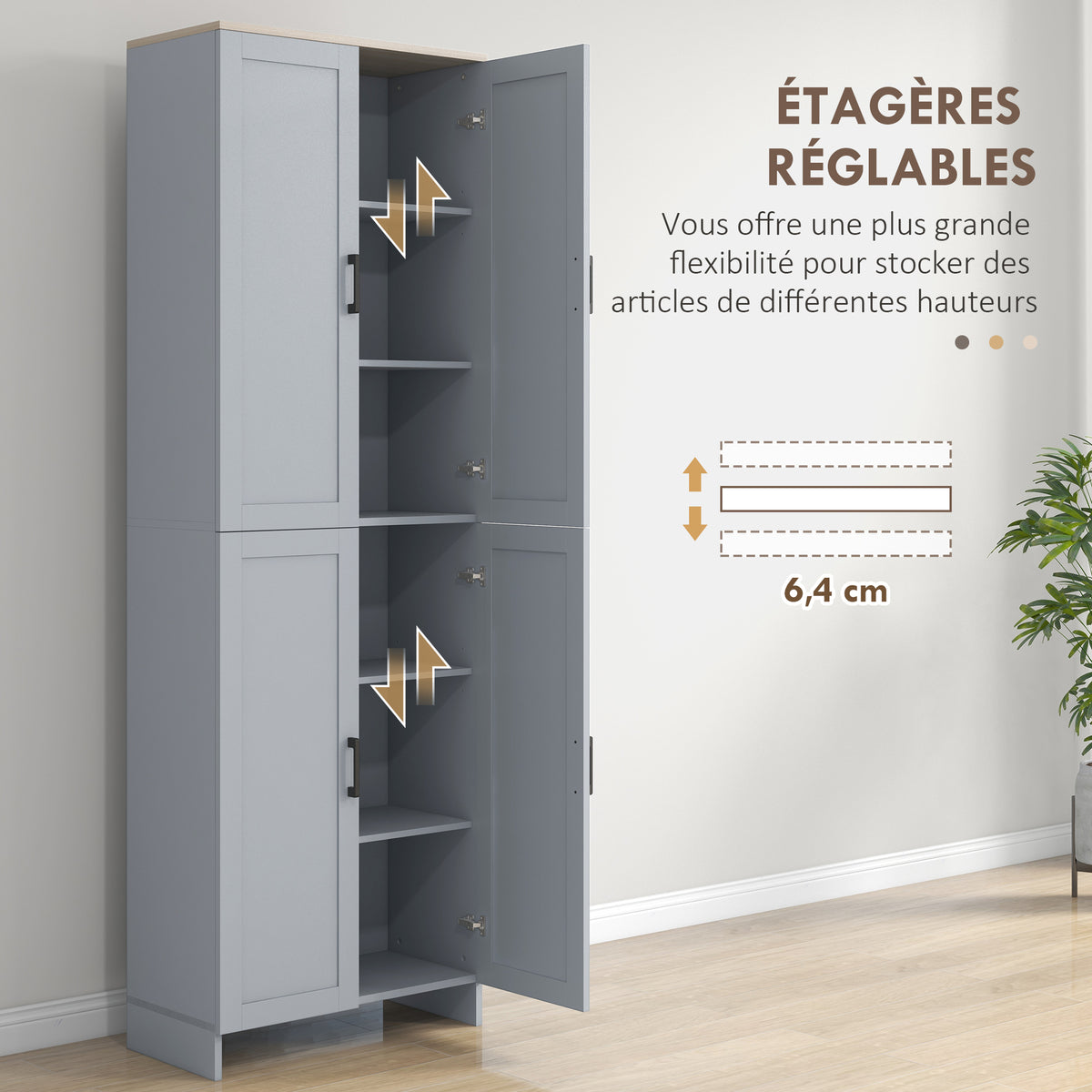 Armoire de cuisine hauteur 170 cm buffet haut avec 4 portes et étagères ajustable, design moderne, gris