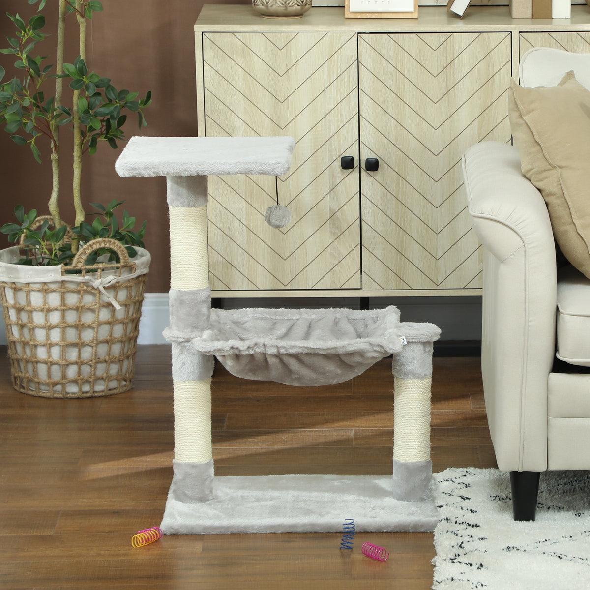 Krabpaal 3 krabpalen natuurlijk sisal platform hangmat en hangbal 50 x 26 x 70 cm korte pluche grijs