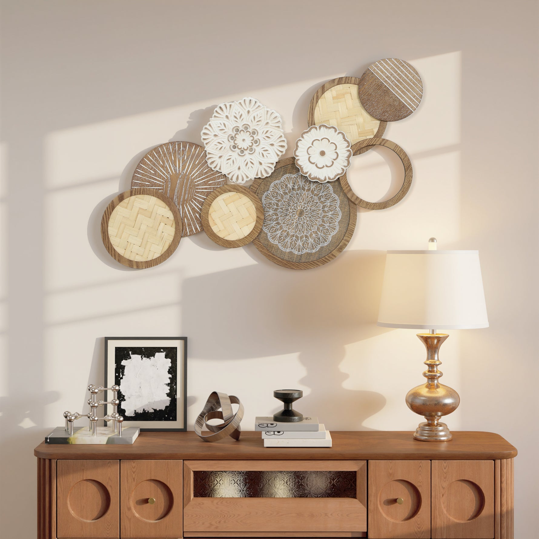 Décoration murale en bois, sculpture murale en bois, design unique à plusieurs disques, 83,8 x 44,5 cm, bois naturel