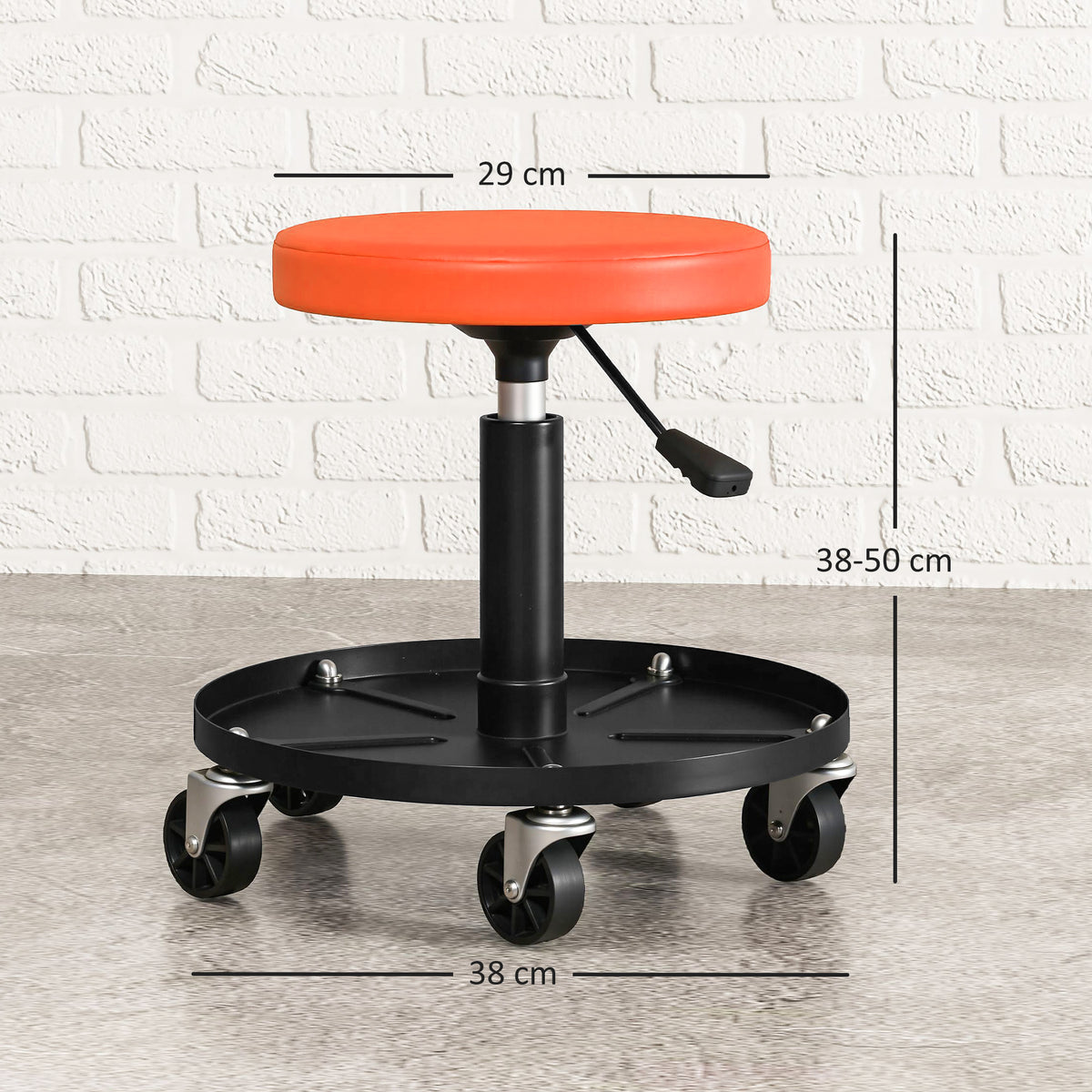 Tailer-taburetea, 360°-tan biratzen duten 5 gurpilekin, altuera erregulagarria 38-50 cm, erretiluarekin, 38 x 38 x 38-50 cm, laranjakoa