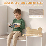 Bibliothèque Enfant, Meuble Rangement Enfant 3 en 1 avec Banc, 6 Compartiments, 2 Étagères, Coussin d'Assise, Blanc