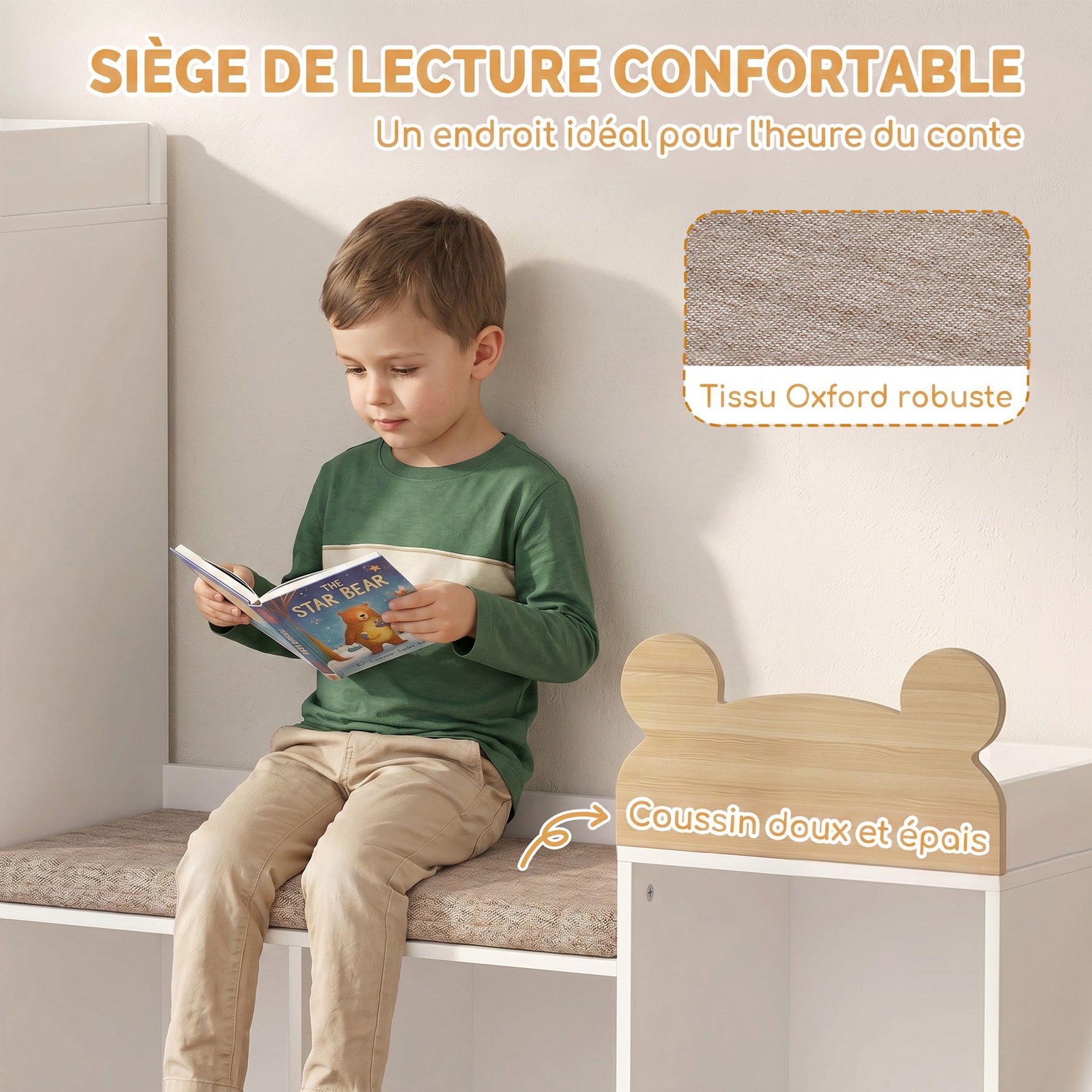 Bibliothèque Enfant, Meuble Rangement Enfant 3 en 1 avec Banc, 6 Compartiments, 2 Étagères, Coussin d'Assise, Blanc