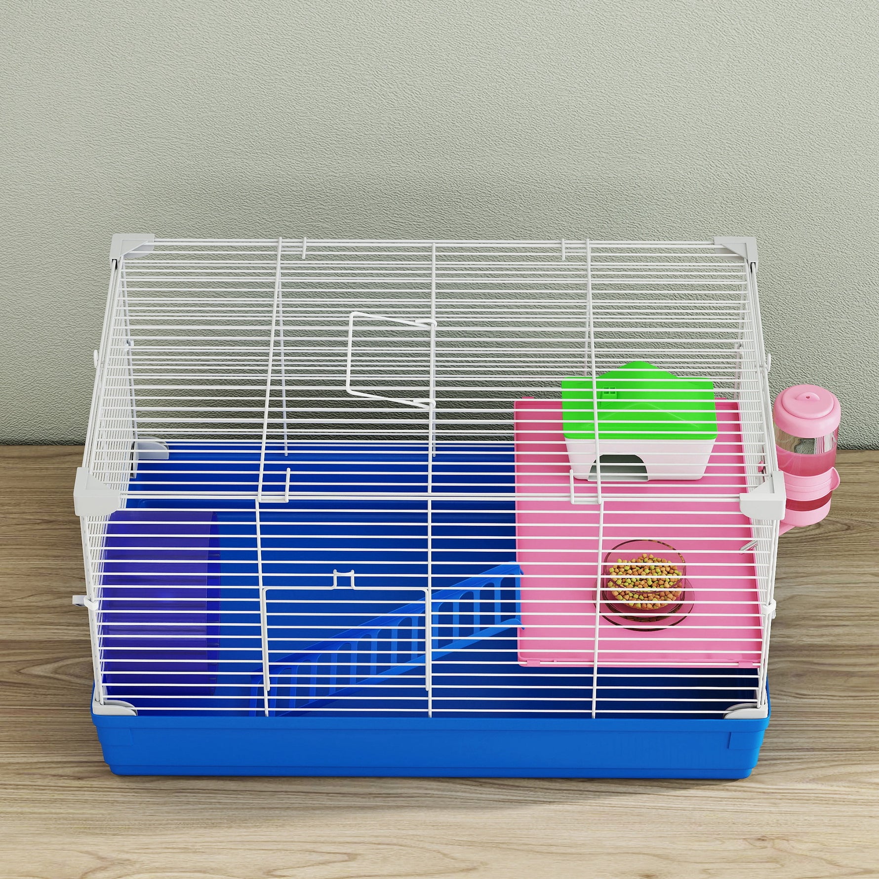 Cage Hamster, Cage Rongeur à 2 Niveaux, Base Amovible pour Nettoyage Facile, Cabane, Roue d'Exercice, 47x30x27cm, Bleu