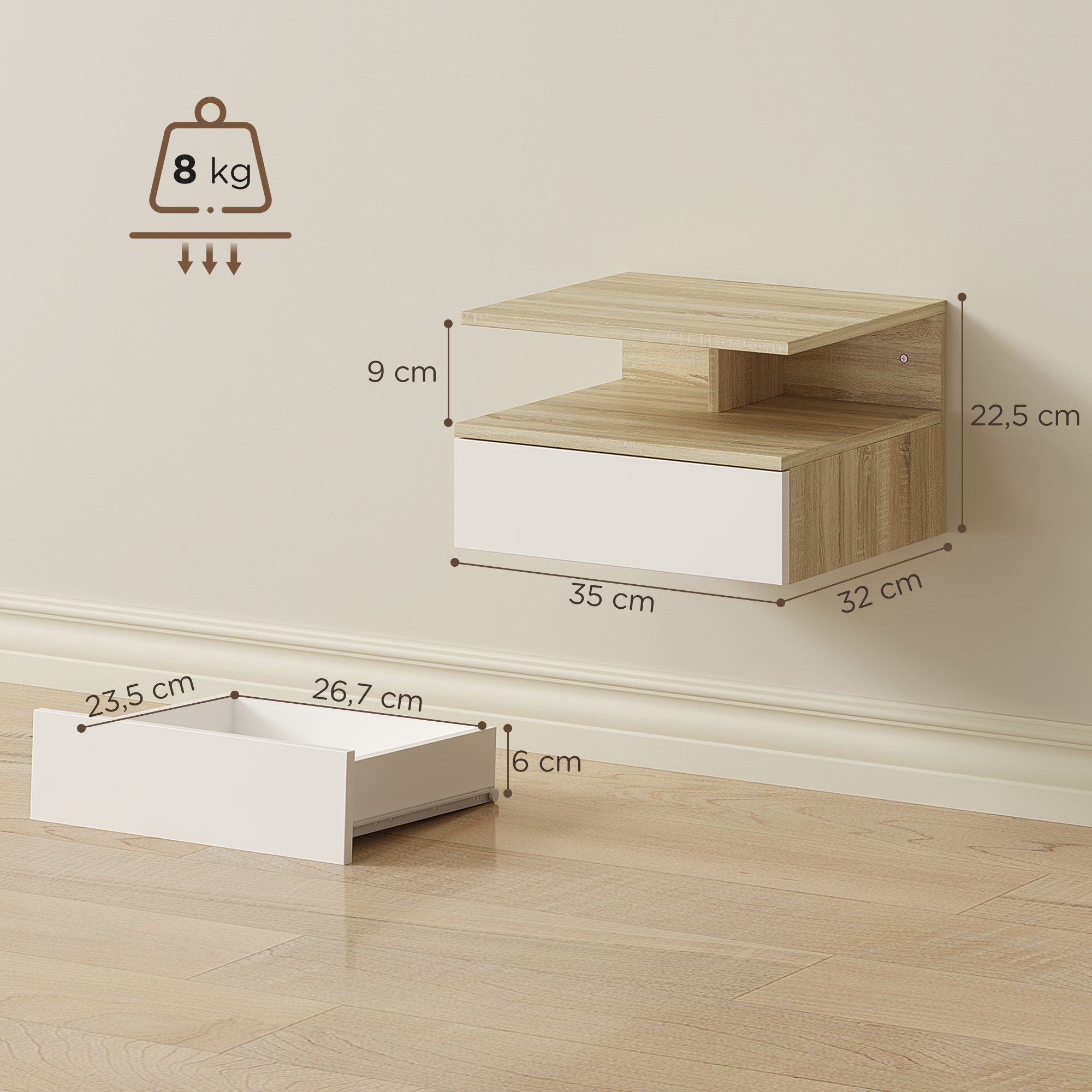 Set di 2 comodini a parete, comodini sospesi con cassetto, ripiano a giorno, 35x32x22,5cm, bianco e rovere